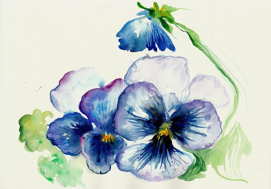 Blue Pansies Watercolor Painting by Tiberiu Soos