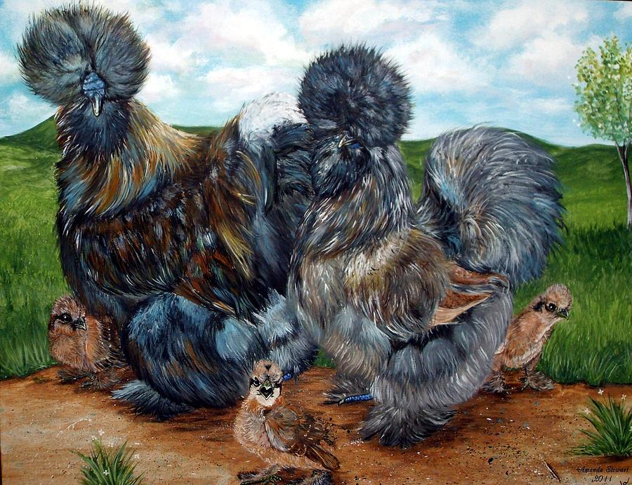 Rooster Painting - Blue Partridge Silkie Chicken Family by Amanda Hukill