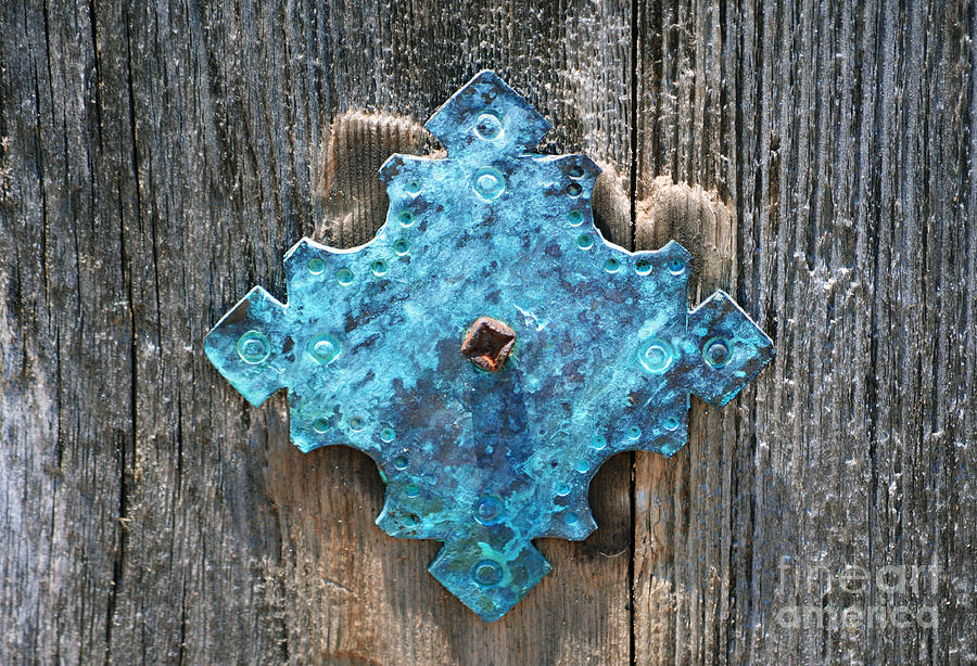 Blue Patina on Copper Mission Door Ornament Macro Photograph by Shawn OBrien