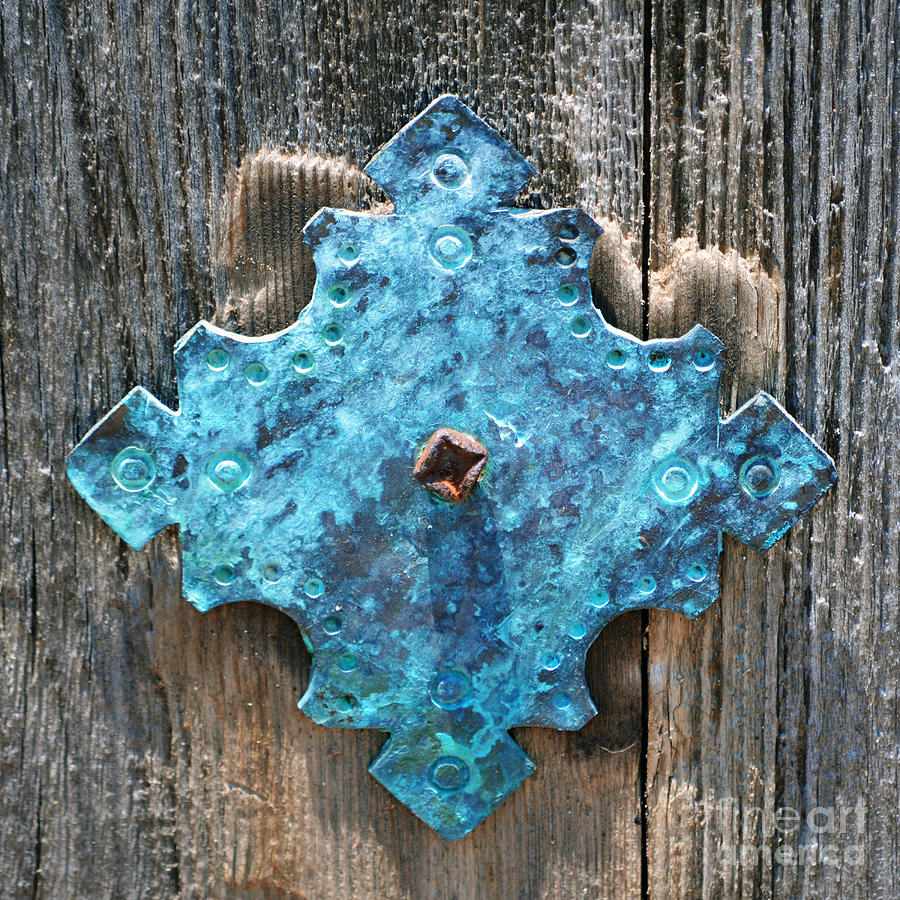 Blue Patina on Copper Mission Door Ornament Macro Square Format Photograph by Shawn OBrien