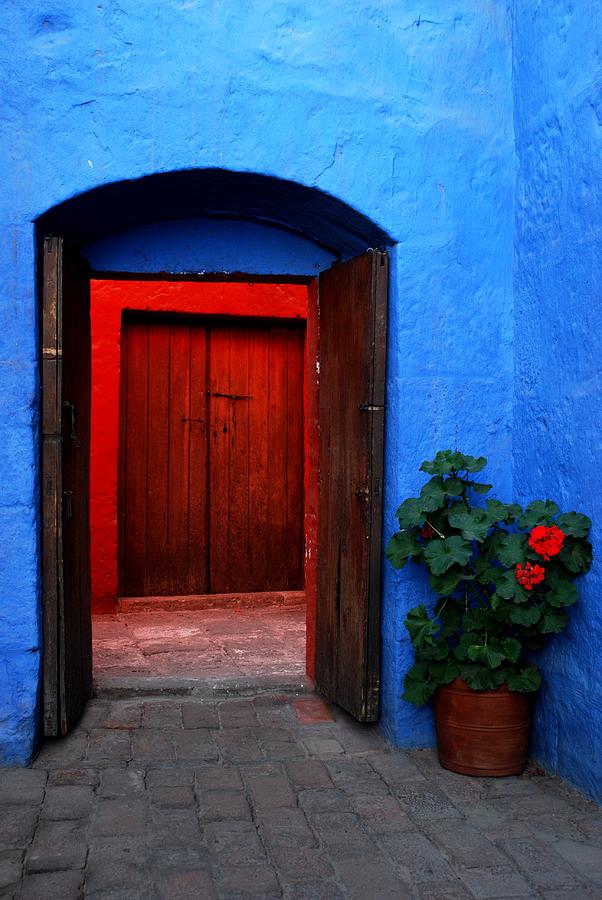 Architecture Photograph - Blue Patio with Geranium by Alessandro Pinto