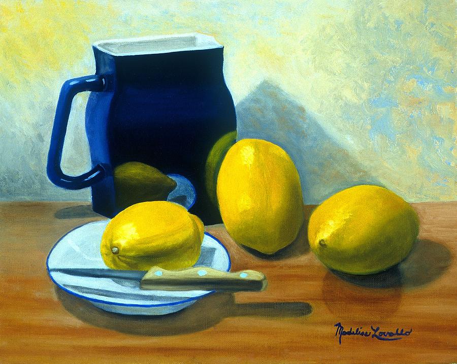 Blue Pitcher with Lemons Painting by Madeline  Lovallo
