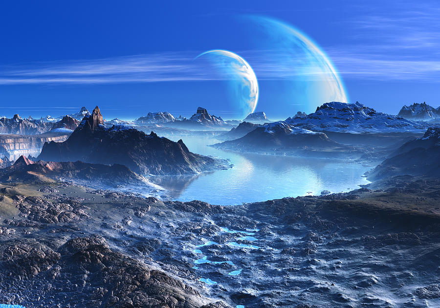 Blue Planets in Orbit over Mountains and Lakes Digital Art by Spinning ...