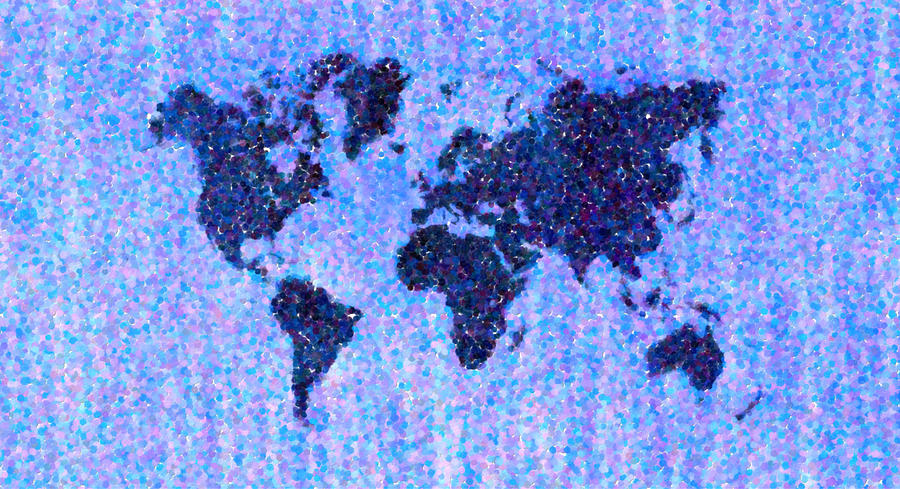 Abstract Painting - Blue Pointillist World Map by Hakon Soreide