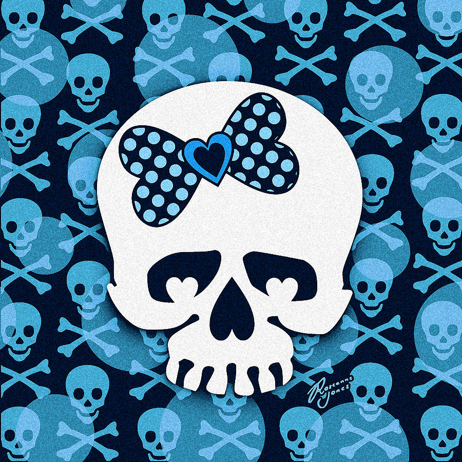 Blue Polka Dot Bow Skull Digital Art