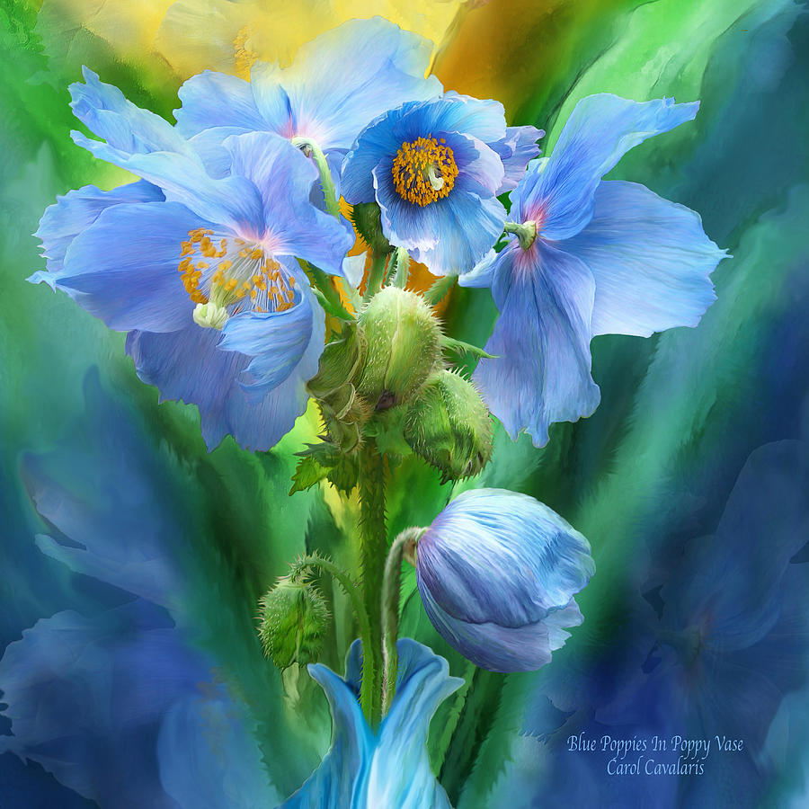 Blue Poppy Bouquet - Square Mixed Media by Carol Cavalaris - Fine Art ...