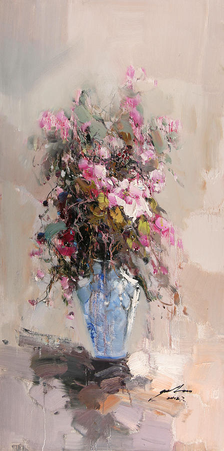 Blue Porcelain And Pink Flower Still Life Painting by George Lee - Fine ...