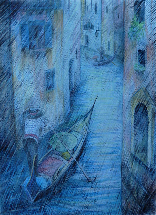 Blue Rain of Venice Drawing by Anna  Duyunova