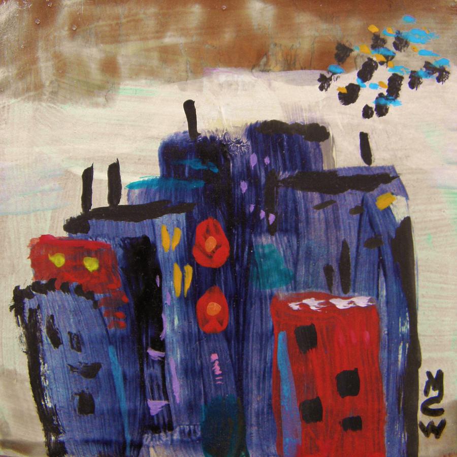 Naive Painting - Blue Red Cityscape by Mary Carol Williams