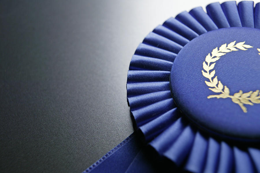 Blue ribbon rosette on dark gray graduated background Photograph by Dny59