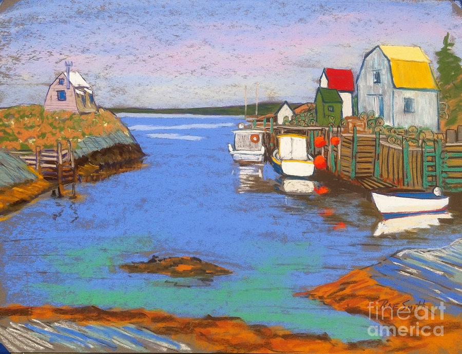 Blue Rocks White Boats Pastel by Rae  Smith