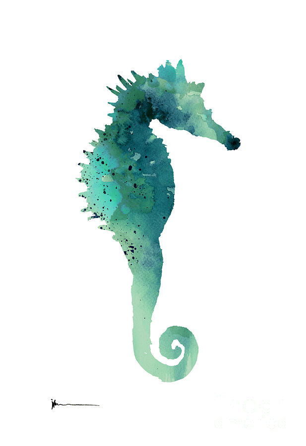 Seahorse Painting - Blue sea horse art print painting  by Joanna Szmerdt