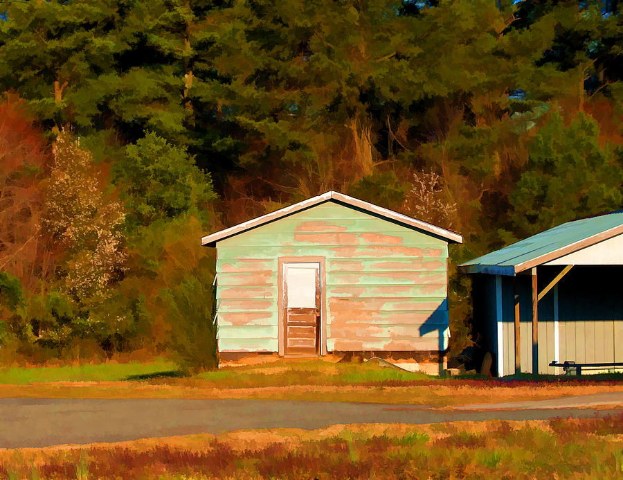 Blue Shed In Early Morning Light - Lake Wheeler Road Painting by Paulette B Wright