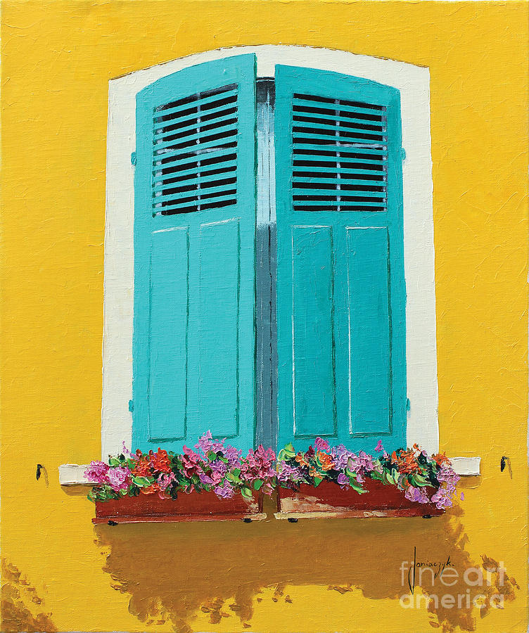 Flower Painting - Blue Shutters and Flower Box by MGL Meiklejohn Graphics Licensing