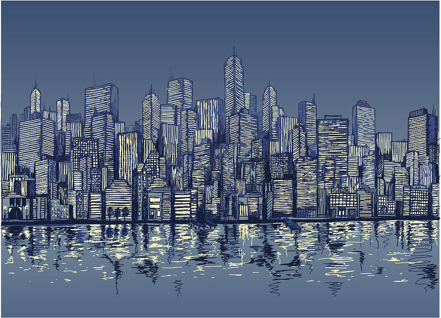Blue sketch of city skyline by water at night Drawing by Blindspot