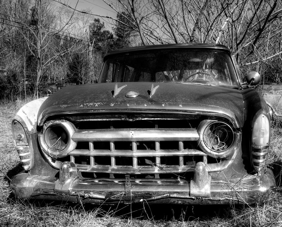 Tree Photograph - Blue Skies And a Rusty Old Chevy Truck in Black and White by Greg and Chrystal Mimbs
