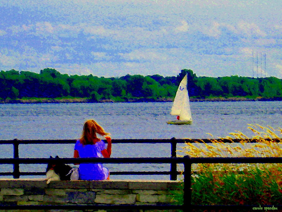 Blue Skies White Sails Drifting Blonde Girl And Collie Watch River Run Lachine Scenes Carole Spandau Painting by Carole Spandau
