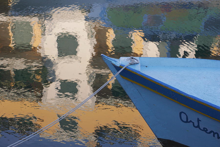 Boat Photograph - Blue skiff and reflection of houses by Ulrich Kunst And Bettina Scheidulin