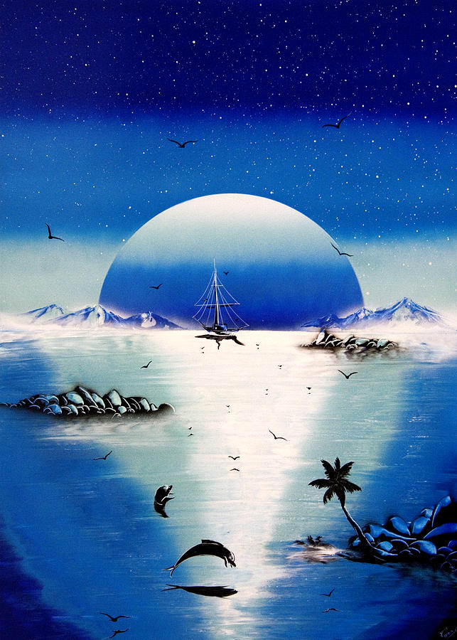Blue sunset with Dolphins Painting by Ronny Or Haklay