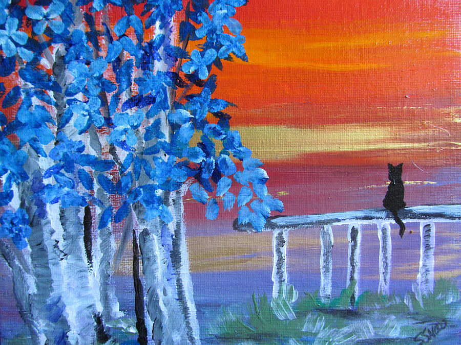 Blue trees at sunset Painting by Susan Voidets