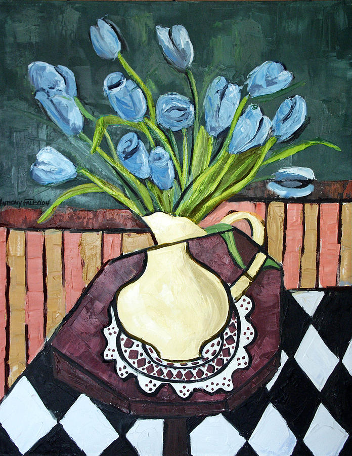 Flower Painting - Blue Tulips On Octagon Table by Anthony Falbo