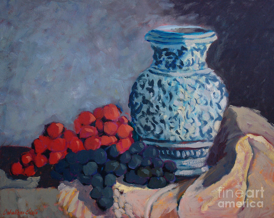 Blue vase and grapes Painting by Monica Elena
