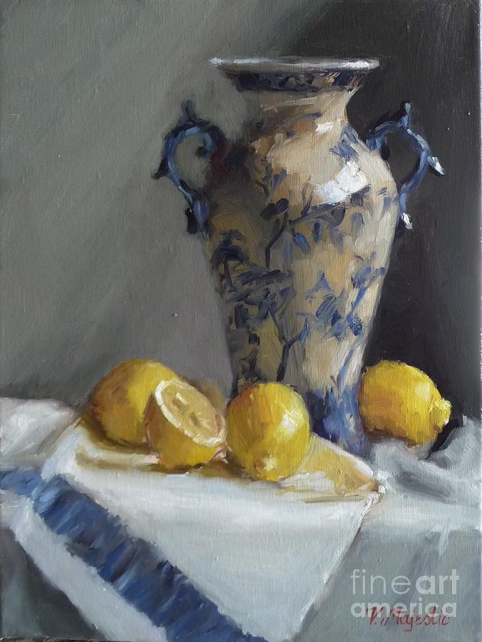 Lemon Painting - Blue Vase and Lemons by Viktoria K Majestic