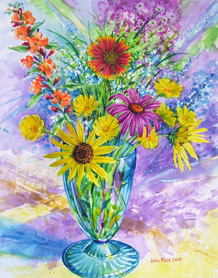 Flower Painting - Blue Vase of Wildflowers by John Rose