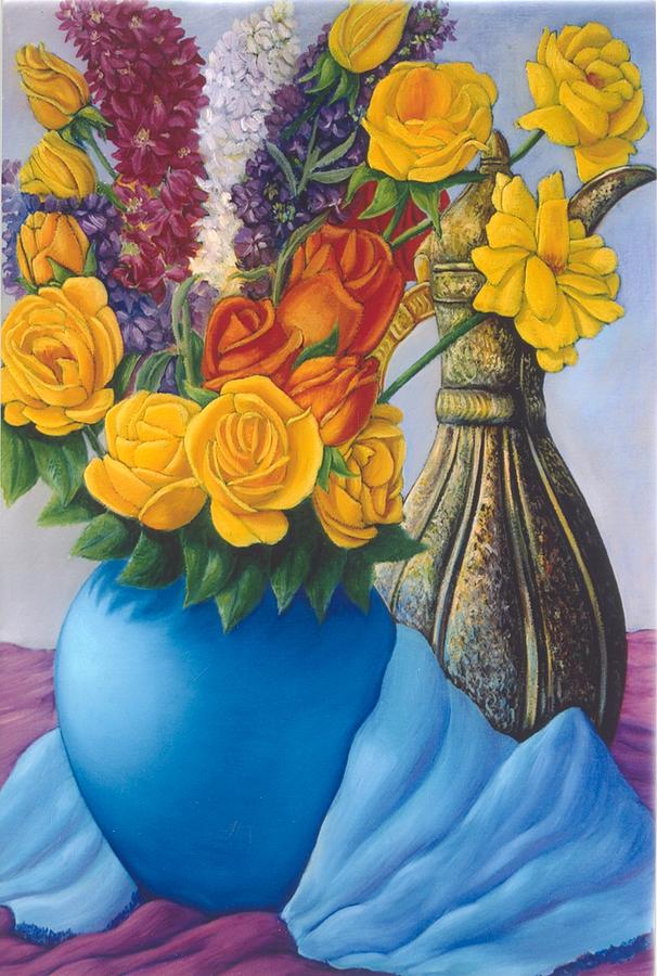 Rose Painting - Blue vase with yellow roses by Artur Guzina