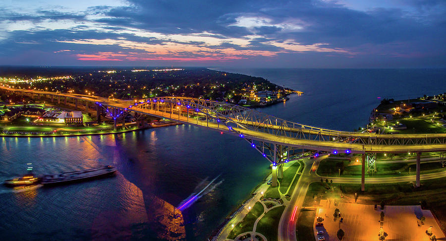 Blue Water Bridge At Dusk, Port Huron Photograph by Panoramic Images