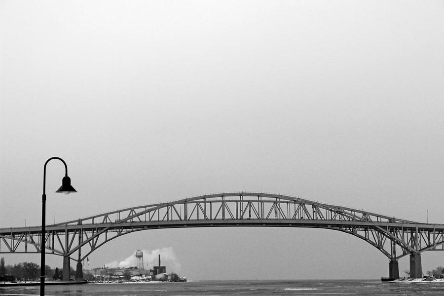 Blue Water Bridge with Lamp 2 BW Photograph by Mary Bedy