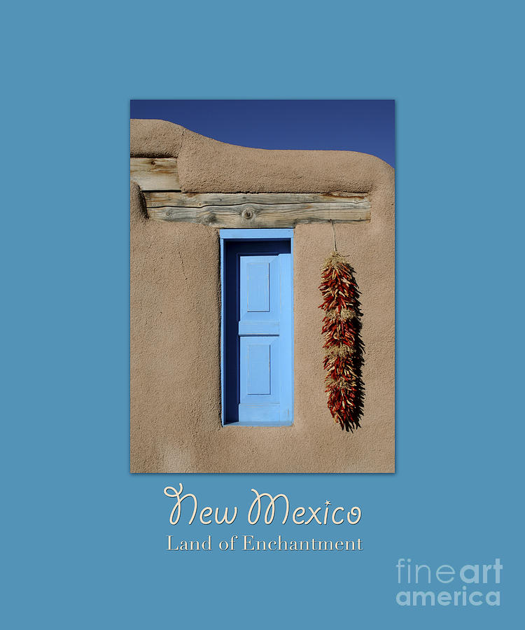 Blue Window of Taos with text Photograph by Hermes Fine Art