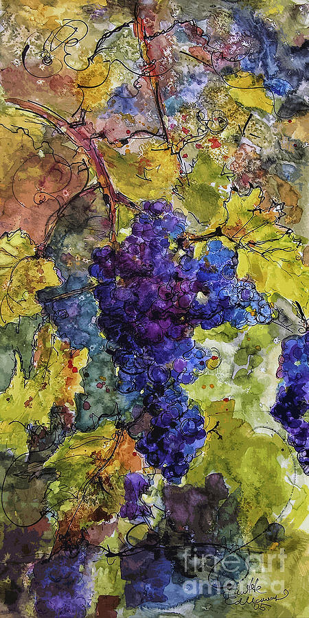 Blue Wine Grapes Watercolor and Ink Painting by Ginette Callaway