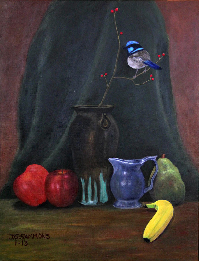 Blue Wren and Fruit Painting by Janet Greer Sammons