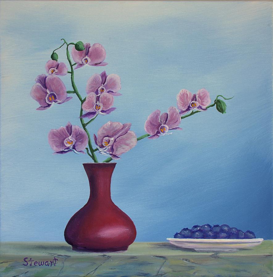 Blueberries and Orchids Painting by William Stewart