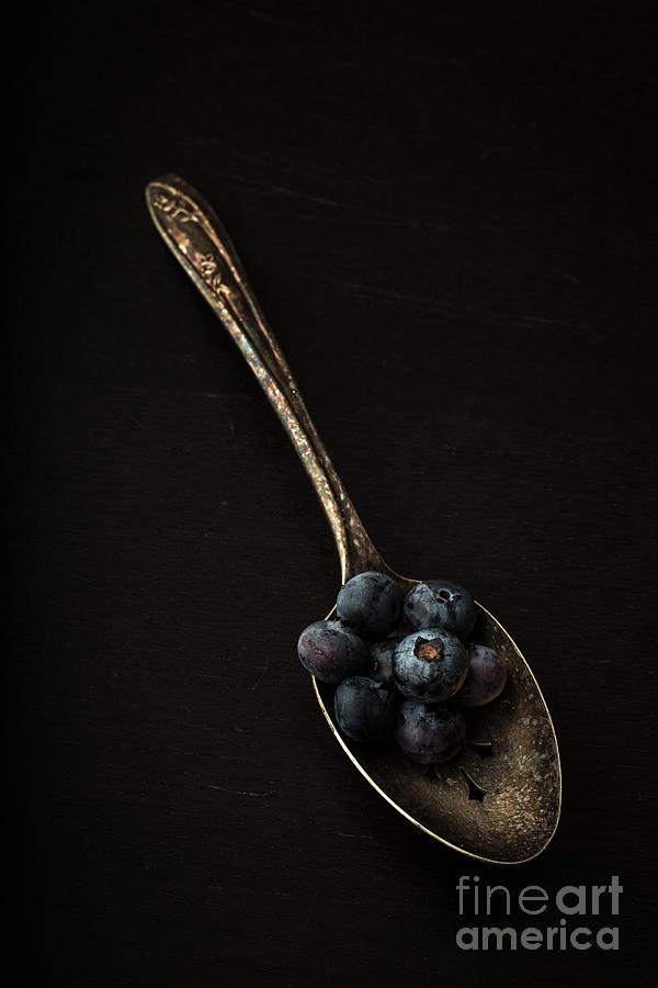 Blueberries on silver spoon Photograph by Edward Fielding
