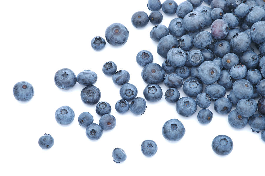Blueberries scattered on white background Photograph by Ermingut