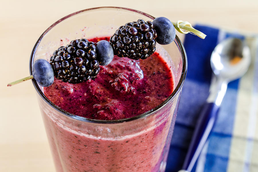 Juice Photograph - Blueberry and Blackberry smoothie shakes by Teri Virbickis