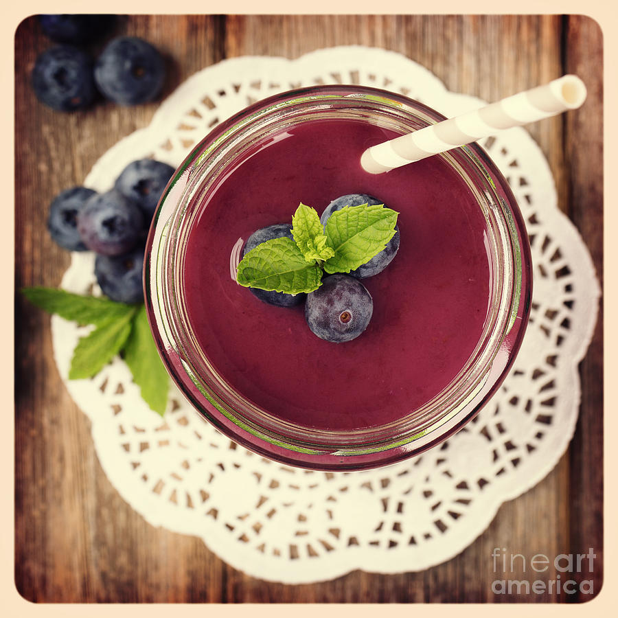 Vintage Photograph - Blueberry smoothie retro style photo.  by Jane Rix