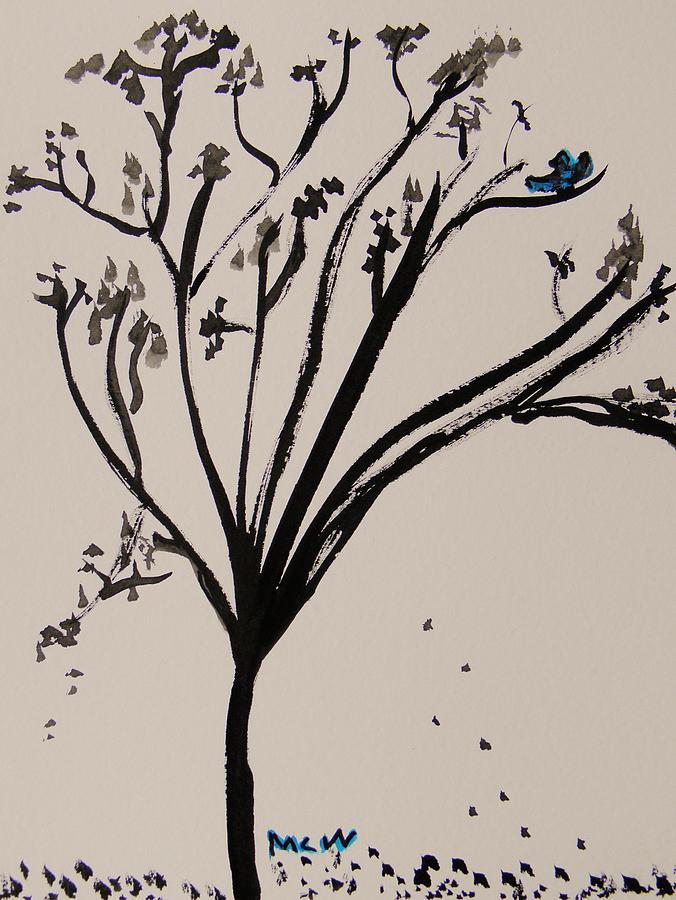 Bluebird and Falling Leaves Drawing by Mary Carol Williams