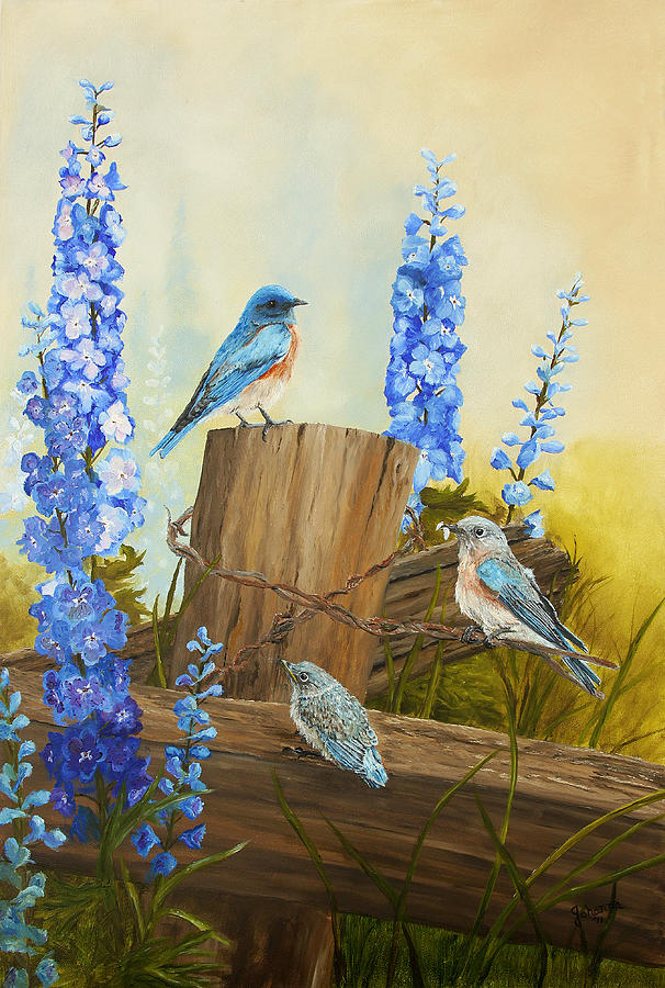 Flower Painting - Bluebird Family and Delphiniums by Johanna Lerwick