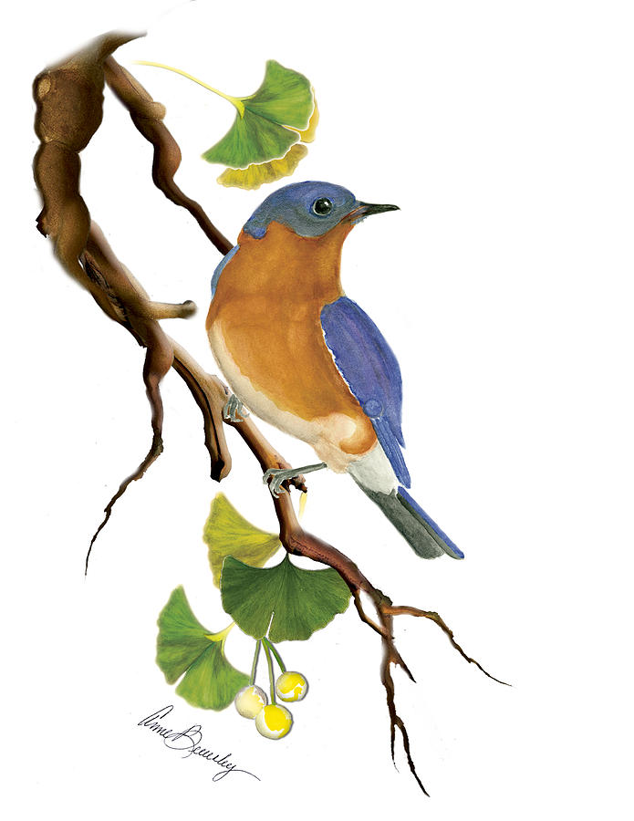 Bluebird In Ginkgo Tree Painting by Anne Beverley-Stamps