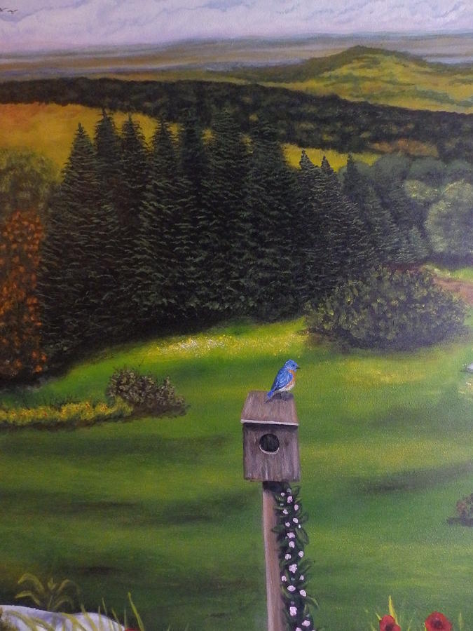 Bluebird on a birdhouse Painting by Dan Wagner