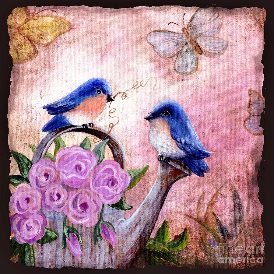 Bluebirds And Butterflies Painting by Marilyn Smith