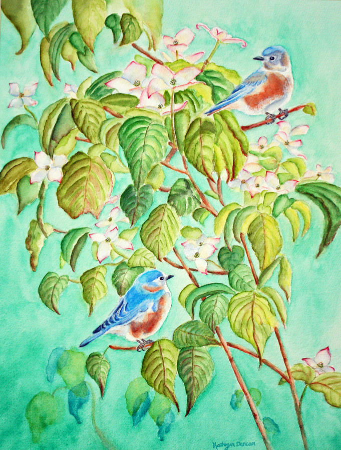 Bluebirds In Flowering Dogwood Tree Painting by Kathryn Duncan