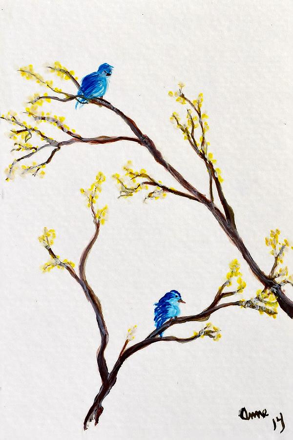 Watercolor Bluebirds In Spring Painting