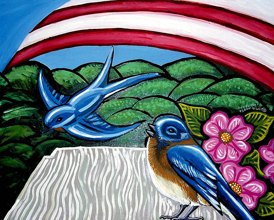 Bluebirds With Flag Painting by Genevieve Esson