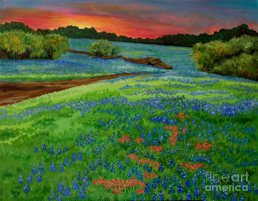 Bluebonnet Sunset Painting by Genie Morgan
