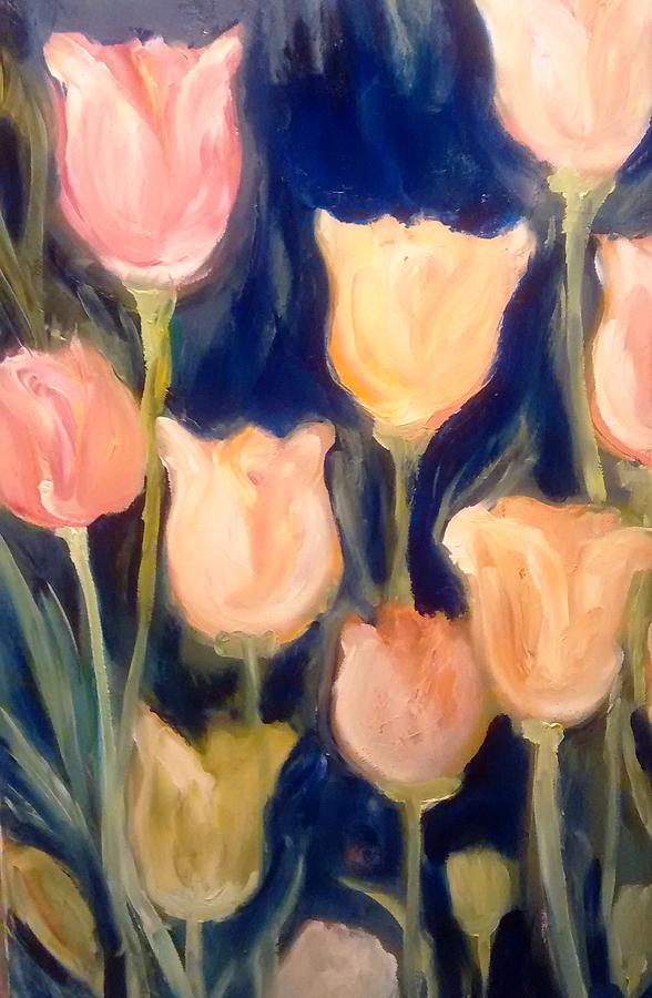 Tulip Painting - Blush Tulips with Royal Blue by Patricia Clark Taylor