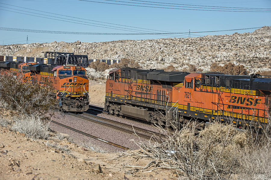 BNSF 7303 AND BNSF 7454 Meet East of Victorville Photograph by Jim Thompson